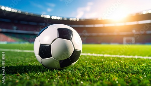 Soccer ball on green field under bright sunlight