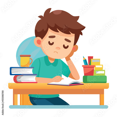 Cartoon Boy Studying at Desk with Books, Pencils, and Coffee Cup