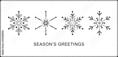 Season’s Greetings Snowflake Card Design – Elegant Winter Line Art with Minimal Snow Crystals for Holiday Stationery