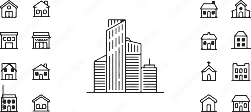 Fototapeta premium Urban & Suburban Building Icon Set – Line Art Homes, Shops, and Skyscrapers for Real Estate, Maps, and Architecture Design