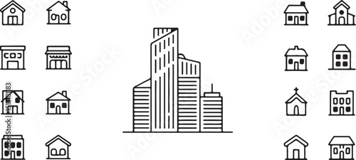 Urban & Suburban Building Icon Set – Line Art Homes, Shops, and Skyscrapers for Real Estate, Maps, and Architecture Design