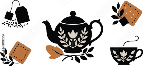 Elegant Tea Time Elements on  for Beverage-Themed Designs and Café-Related Graphic Projects