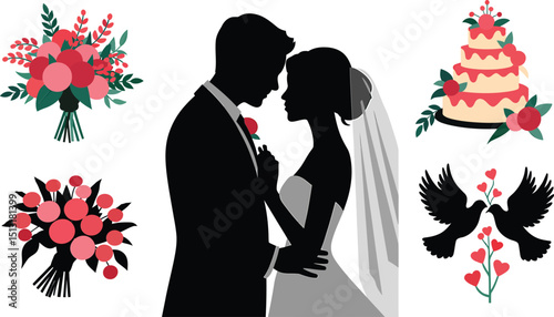 Flat Illustration of a Newly Married Couple with Cake and Bouquet on  for Print and Digital Media Projects