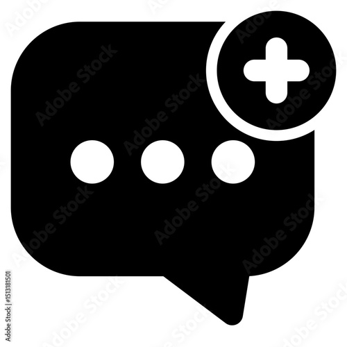 Black and white image of a speech bubble with a plus sign in the middle. The speech bubble is open