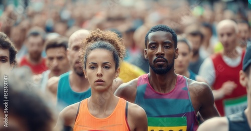 Focused marathon runners in a sea of participants, showcasing determination and athletic spirit. Crowded race for a great cause.