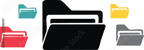 Vector Illustration of Stylized Folder Icons in Matte Black, Red, Teal Blue, Yellow, and Gray with Clean Minimalist Design and 3D Effect on White Background

