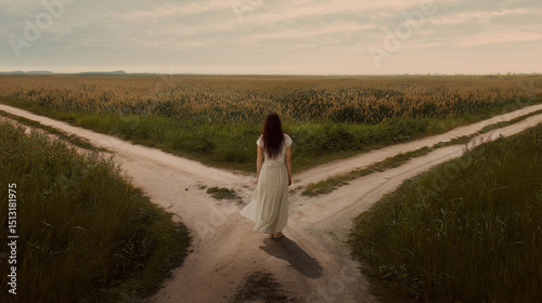 Abstract image of a woman facing a crossroads alone illustrating the inner turmoil and deep hesitation felt when forced to choose a path that could alter the course of her entire future