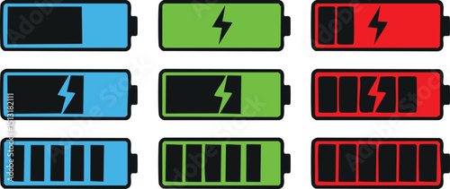 Vector Set of Colorful Battery Symbols Showing Empty, Partial, and Fully Charged States with Clear White Lightning Bolt Indicators on Clean White Background