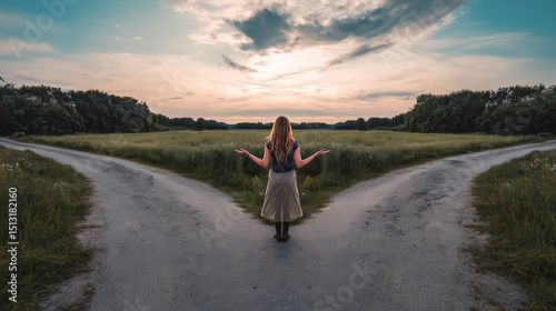 Abstract image of a woman staring down two diverging paths illustrating the paralyzing effect of too many options and the emotional stakes of choosing the right direction in life