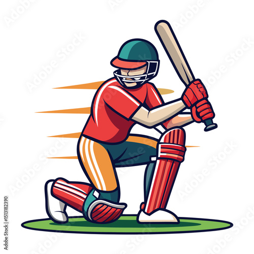 Cartoon Cricket Player with Bat, Helmet, and Pads, Isolated on White Background