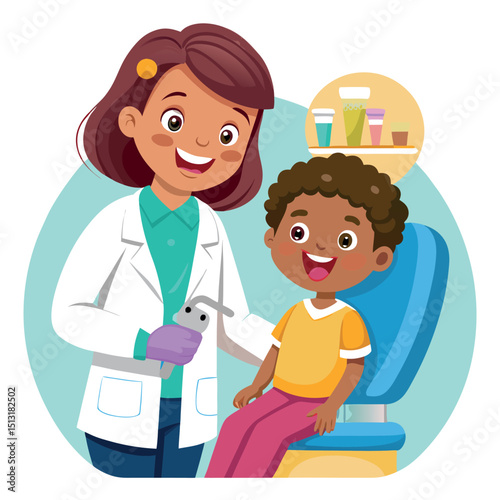 Cartoon Dentist with an African Boy on Chair, smiling, Holding Dental Tool, Healthy Teeth