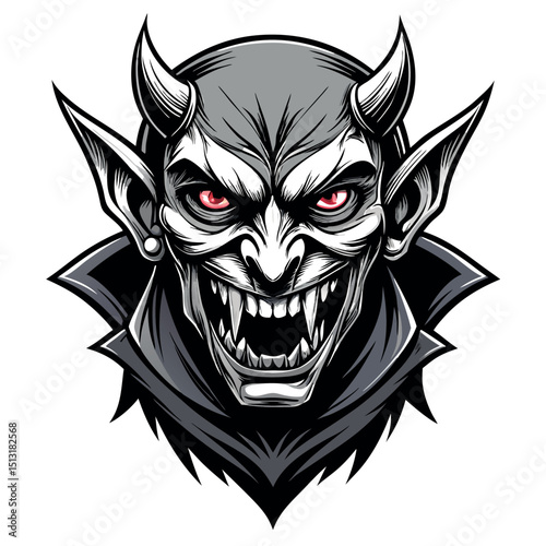 Cartoon Devil Face with Horns, Red Eyes, Sharp Teeth and Pointed Ears, Isolated