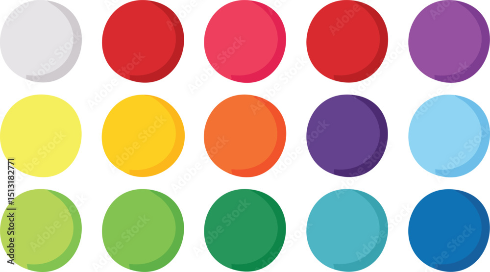 Vector illustration of fifteen glossy spherical buttons in a three by five rectangular grid featuring vibrant saturated colors, soft gradients, and reflective polished glass surfaces on a clean white Vector illustration of fifteen glossy spherical buttons in a three by five rectangular grid featuring vibrant saturated colors, soft gradients, and reflective polished glass surfaces on a clean white