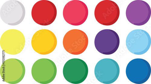 Vector illustration of fifteen glossy spherical buttons in a three by five rectangular grid featuring vibrant saturated colors, soft gradients, and reflective polished glass surfaces on a clean white 