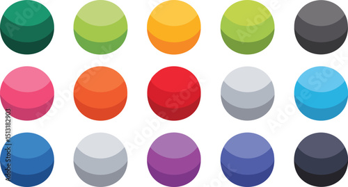 vector design of a neat rectangular grid of colorful glossy spheres including forest green, bubblegum pink, royal blue, and pearlescent white buttons with subtle highlights and shadows