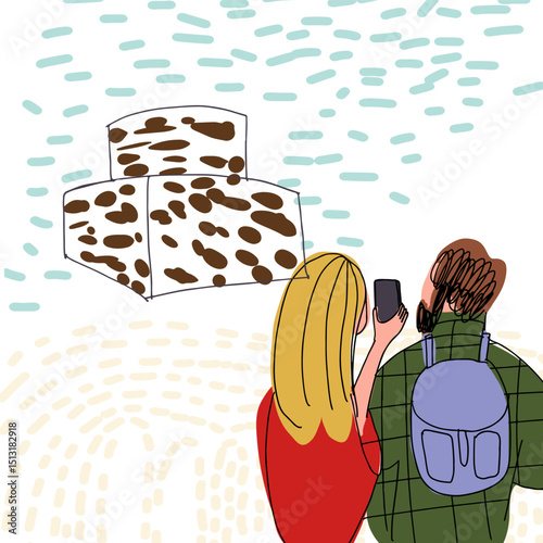 Couple walking, sightseeing in Turkey, children's style, hand drawn, line drawing, texture. Hidirlik tower, Antalya, Turkey. Card. Vector illustration.