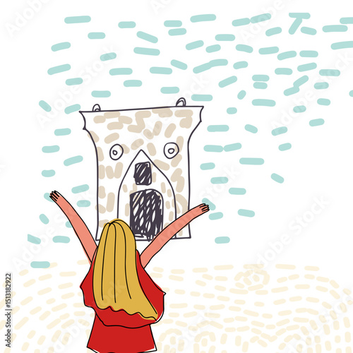 Grand Bazaar Vector Illustarion, Tourist girl threw her hands in the air. Pearls of Istanbul Series, liner hand drawn vector illustration. Childish style, hand drawn, line drawing, texture. Card.