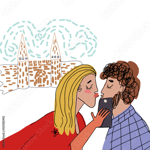Topkapi Palace, the royal Ottoman palace in Istanbul, Turkey. Couple walking, sightseeing in Turkey, childish style, hand drawn, line, texture. Card. Vector illustration.