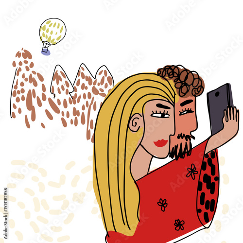 Couple walking, sightseeing in Turkey, hand drawn, line drawing, texture. Card. Vector illustration. Air balloon cappadocia goreme line art.