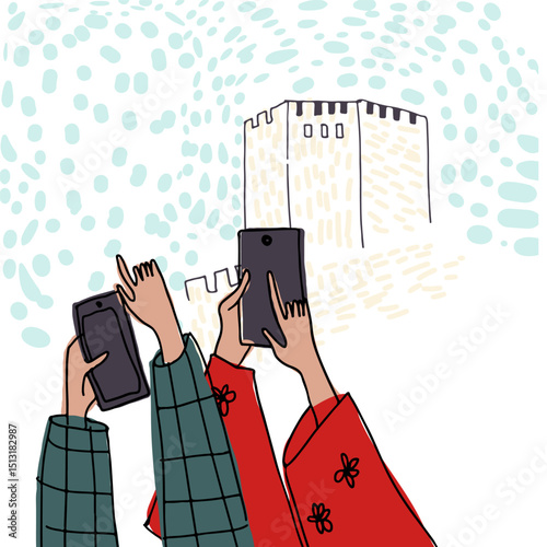 Couple walking, sightseeing in Turkey, children's style, hand drawn, line drawing, texture. Card. Vector illustration.