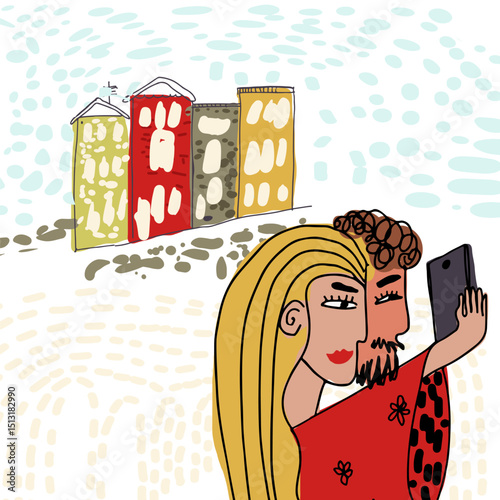 Couple walking, sightseeing in Turkey, children's style, hand drawn, line drawing, texture. Card. Vector illustration.