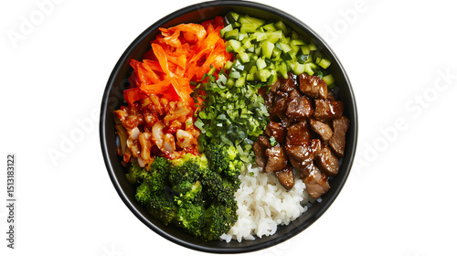 Overhead shot of a bowl with rice, broccoli, beef, cucumbers, and other vegetables in a black bowl isolated on transparent background