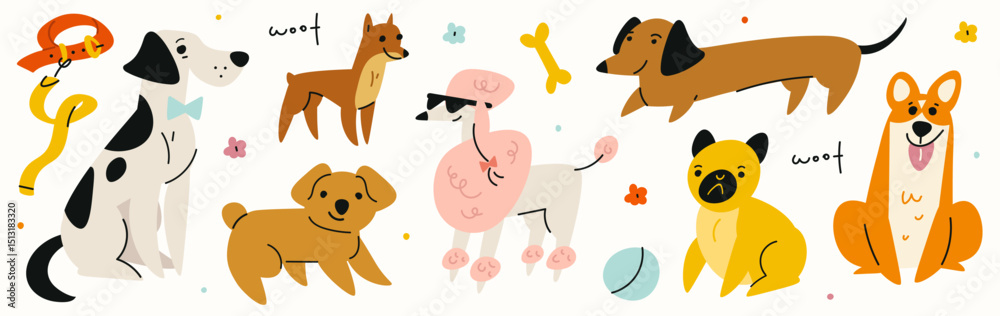 Obraz premium Set of hand drawn dog funny characters isolated on white background. Doodle cute puppy collection. Cartoon pets clipart in simple flat style. Vector illustration