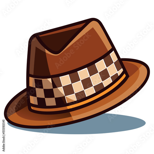 Cartoon Fedora Hat Illustration. Brown Felt Hat with a Checkered Band Design on White