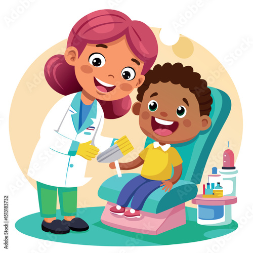 Cartoon Female Doctor Examining Smiling AfricanAmerican Boy in Dental Chair