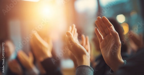 Audience applauds, hands raised in support and admiration. Sunlight creates warm atmosphere in the room, symbolizing success and appreciation.
