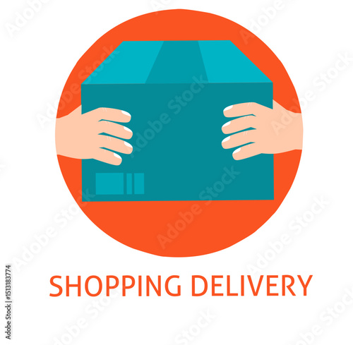 Hands, boxes. Ordering, logistics and shipping of goods from your warehouse. Store location. Business profits, trade. Vector illustration. Shopping delivery, parcel delivery process