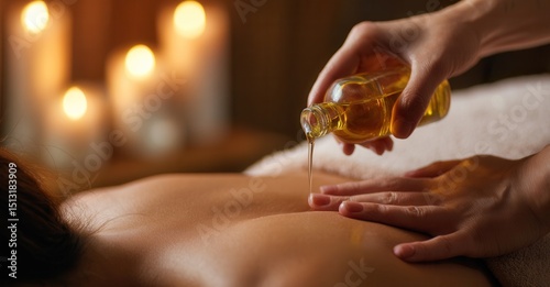 Relaxing massage with aromatherapy oils in a spa setting with soft candle lighting creates a calming experience for wellness and self care.