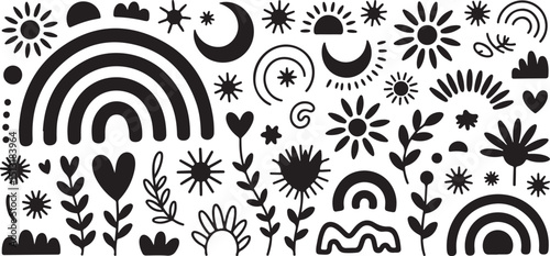 Boho Rainbow, Sun, Moon & Floral Elements – Hand-Drawn Vector Set for Playful, Spiritual & Nature-Inspired Designs