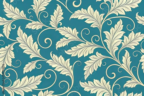 Elegant teal background adorned with swirling vines and intricately detailed leaves in a cream color, creating a sophisticated and classic botanical pattern suitable for diverse creative projects.