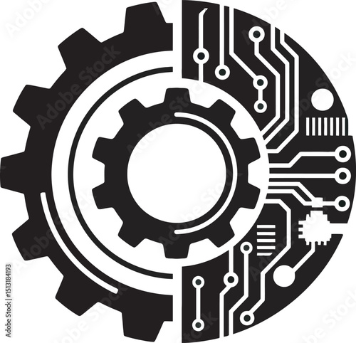 A black and white graphic shows a gear merging with circuit board lines, symbolizing the fusion of machinery and technology innovation.