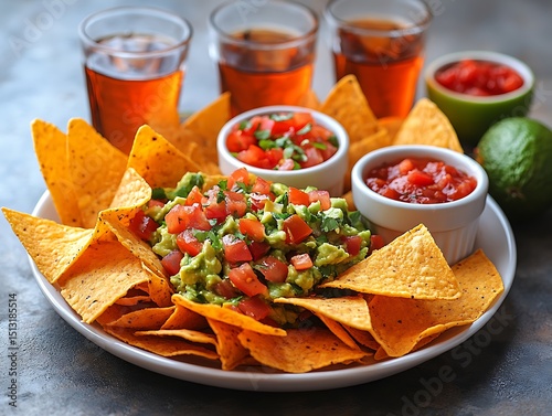 Tortilla chips with guacamole and salsa photo