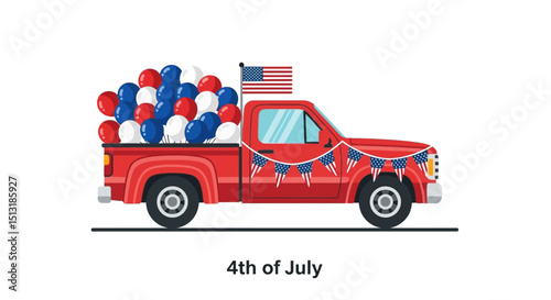 Red pickup truck decorated with american flag balloons and patriotic banners for fourth of july celebration