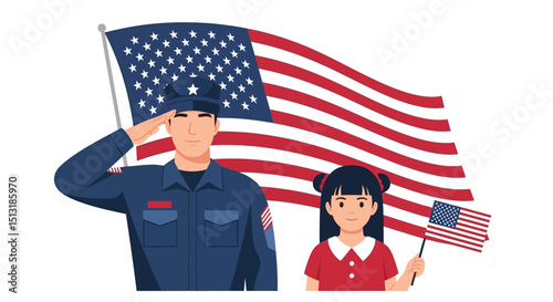 United States military serviceman saluting with young girl holding american flag in front of waving flag
