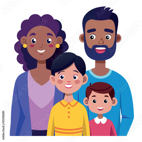 Cartoon of Happy African American Family with Parents and Children Smiling Together