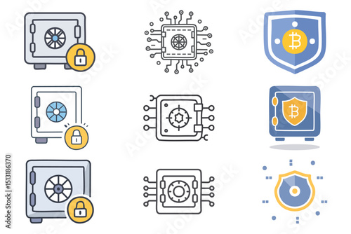 Secure crypto storage icon set. Features safes, shields, Bitcoin symbols, and chips. For cryptocurrency security, digital wallet, and blockchain concepts.