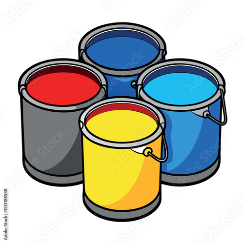 Cartoon Paint Cans, Red, Blue, Light Blue, Yellow Paints, Vivid Colors, Isolated