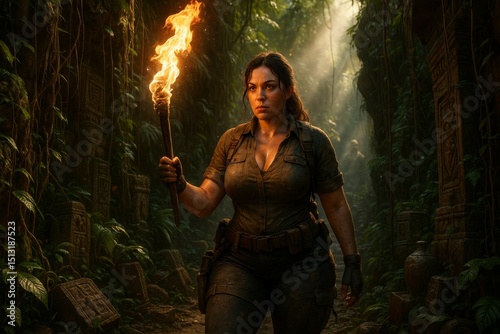 A determined female explorer illuminates ancient jungle ruins with a torch, embarking on a mysterious archaeological adventure.