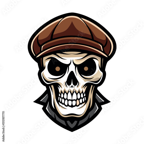 Cartoon Skeleton Head Wearing Newsboy Cap & Black Coat on White Background, Art