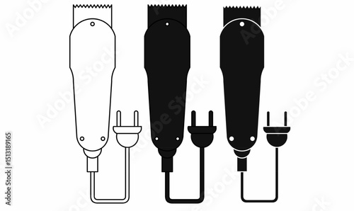 Set of electric hair clippers with plugs in black and white. Ideal for icon, logo,symbol barber, grooming, salon concepts.vector illustration thin line, outline,silhouette.