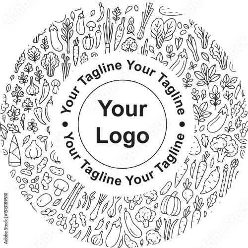 Circular vegetable doodle frame with central logo and tagline space