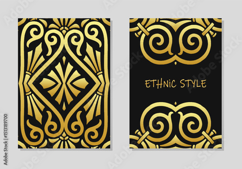 Set of covers, vertical handmade templates. Collection of geometric 3D backgrounds with gold, embossing. Mandala, arabesques, logo. Ethnic ornaments of the East, Asia, India, Mexico, Aztec, Peru.