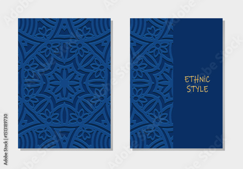 Set of covers, vertical handmade templates. Collection of geometric patterned blue backgrounds 3d, embossing. Mandala, arabesques, logo. Ethnic ornaments of the East, Asia, India, Mexico, Aztec, Peru.