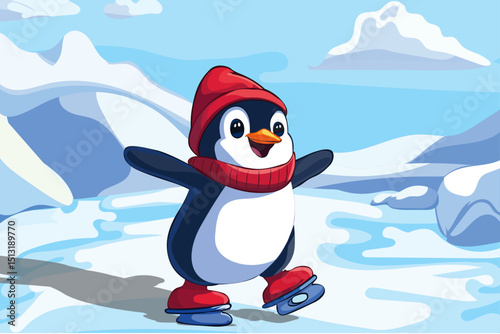 Cute penguin on ice while wearing skis with snow background , vector illustration design.