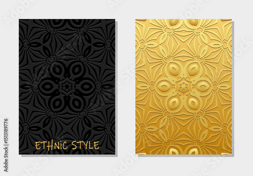 Set of covers, vertical handmade templates. Collection of geometric tribal backgrounds 3d, embossing. Mandala, arabesques, logo. Ethnic ornaments of the East, Asia, India, Mexico, Aztec, Peru.