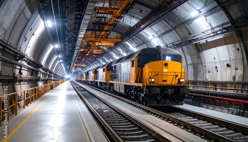 Yellow And Black Train In Illuminated Tunnel With Tracks And Infrastructure
